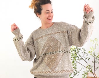 Vintage 90s grunge beige oversized sweater, Brown geometric striped knit sweater, Retro crewneck knit sweater for women size Medium Large