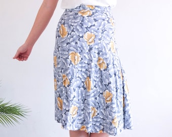 Vintage preppy bloemen a-lijn rok, zomerrok met hoge taille, vintage rayon rok met bloemenprint, vintage lichte midirok / maat Small W25