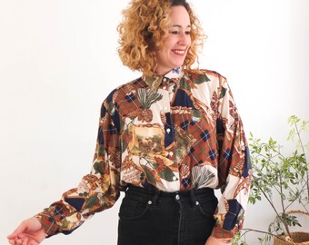 Blusa retro vintage de los 80 con botones, estampado original de paisaje canadiense, blusa vintage con botones de estilo kitsch, talla M/L para mujer.