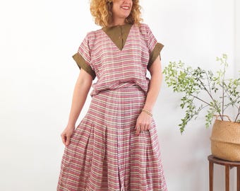 Conjunto de blusa y falda a rayas de colores vintage de los años 80, conjunto de 2 piezas de lino a rayas de los años 80, conjunto de blusa de verano de los años 80 y falda plisada midi, talla S