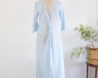 Vintage 70s blue peignoir robe with bell sleeve, Vintage floral lace sheer robe, 70s victorian style maxi robe, 1970s Romantic gown robe M