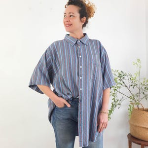 Vintage 90s summer striped button down shirt for men, 1990s men retro short sleeve button shirt, Blue striped print button up shirt, 2XL 3XL