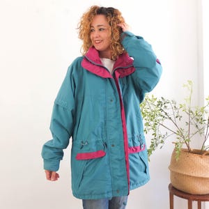 Vintage groene retro windjack met voering, jaren 90 oversized jack met kleurvlakken, retro voering parka anorakjas, maat Large - XL
