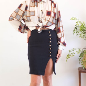 Vintage navy blue wool pencil skirt, 90s nautical skirt, Vintage boiled wool skirt, 90s High waist button front pencil skirt with split, M