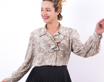 Vintage blouse met ruches, vintage blouse in victoriaanse stijl met bohoprint, vintage blouse met edwardiaanse jabotkraag, maat medium - large