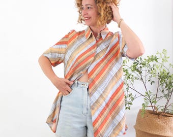 Vintage 90s striped oversized shirt, 1990s short sleeve button up shirt, Boyfriend grunge orange blue striped button up shirt, Size S M