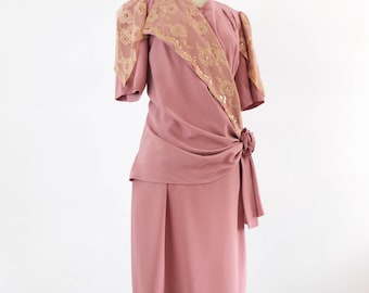 Vintage 80s pink silky lace midi dress, 80s formal dress with bow, Vintage elegant cocktail dress L size, 80s party lace draped dress