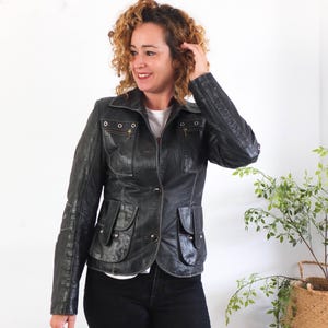 Vintage 90s black leather jacket, 90s leather biker jacket size Small, 1990s leather fitted jacket with pockets, Women size S