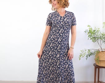 Vestido largo vintage azul con estampado floral, vestido abotonado de los años 90, talla S-M, vestido largo de verano de manga corta, vestido largo boho grunge de los 90, talla S-M