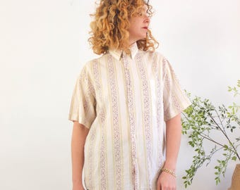 Vintage 70s 80s striped floral button up shirt, Vintage Retro men's button down shirt, Vintage dad style print short sleeve shirt men size S