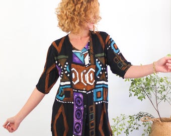 Blusa vintage retrô com blocos de cores, blusa de manga curta com botões estilo anos 80/90, blusa vintage preta com estampa geométrica, blusa étnica de verão, tamanho M