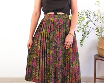 Gonna plissettata a vita alta stile boho anni '80 vintage, gonna lunga vintage con stampa floreale, gonna midi floreale autunnale anni '80, gonna lunga plissettata nera retrò 2XL