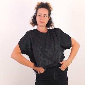 Vintage 80s black puff sleeve blouse, 1980s New Wave retro blouse, 80s black layered blouse, 80s statement blouse short sleeve, Size Medium