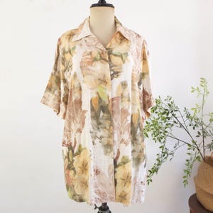 Vintage women's floral button down blouse, 90s linen blouse short sleeve, 1990s summer collared button down shirt, Boho oversize shirt L XL