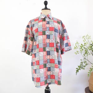 Vintage 90-tals herrskjorta med knappar, 90-tals västerländsk bomullsskjorta med kort ärm, unisex, blommigt lapptäcke, herrstorlek M L