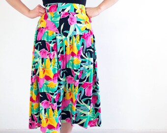 Vintage colorful floral tropical skirt, Vintage 80s summer skirt, Vintage tropical hawaiian style skirt, 80s Bold floral midi skirt Size 32"