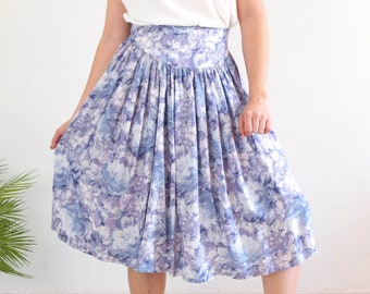 Vintage 90s floral watercolor print skirt, Summer high waisted skirt, Vintage rayon skirt, Vintage pleated floral midi skirt, Skirt size S M