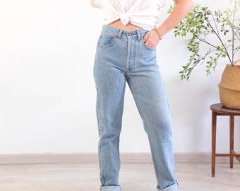 Vintage 90er High Rise Jeans mit geradem Bein, Vintage Blue Wash High Waist Jeans Frauen, 1990er Mom Jeans Vintage Classic Fit Jeans für jeden Tag, M