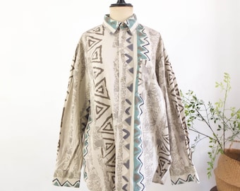 Camisa masculina vintage dos anos 90 com estampa abstrata, camisa retrô dos anos 90 para homens, camisa artística de manga comprida com gola e estilo streetwear.