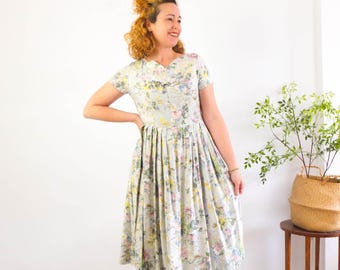 ヴィンテージ80年代花柄レーヨンドレス、80年代風40年代フィット＆フレアプリーツドレス、ロマンティックミディデイドレス、ヴィンテージ水彩花柄プリントドレス、M