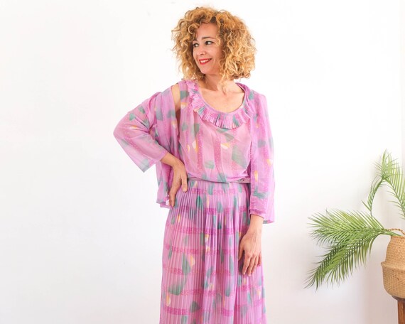Vintage 80s pleated sundress set, 80s abstract sh… - image 3
