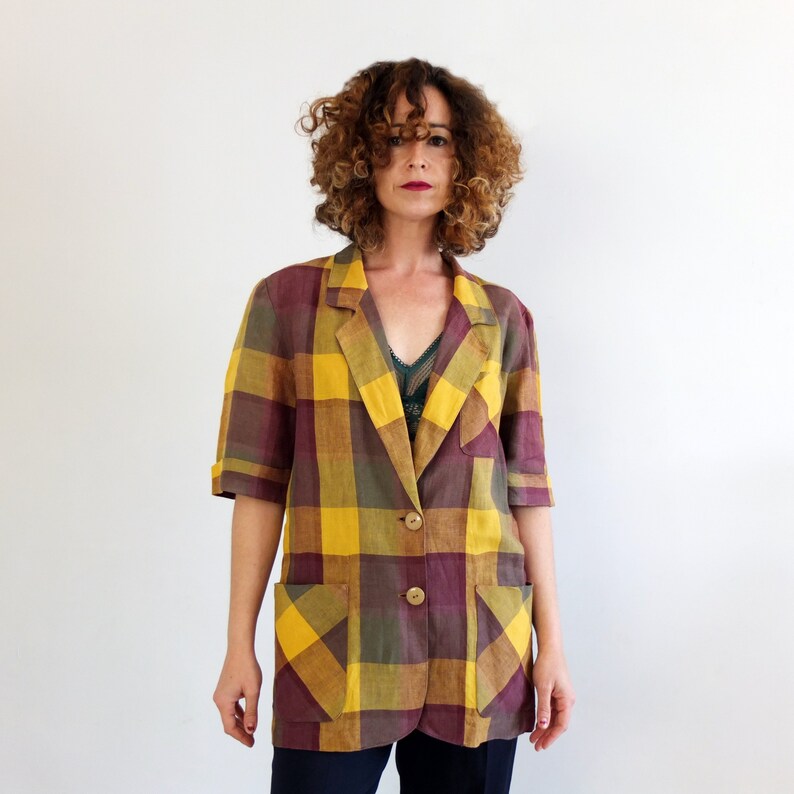 Burgundy mustard check tartan blazer Vintage plaid linen blazer jacket 1990s short sleeve light blazer Vintage 90s plaid oversized blazer