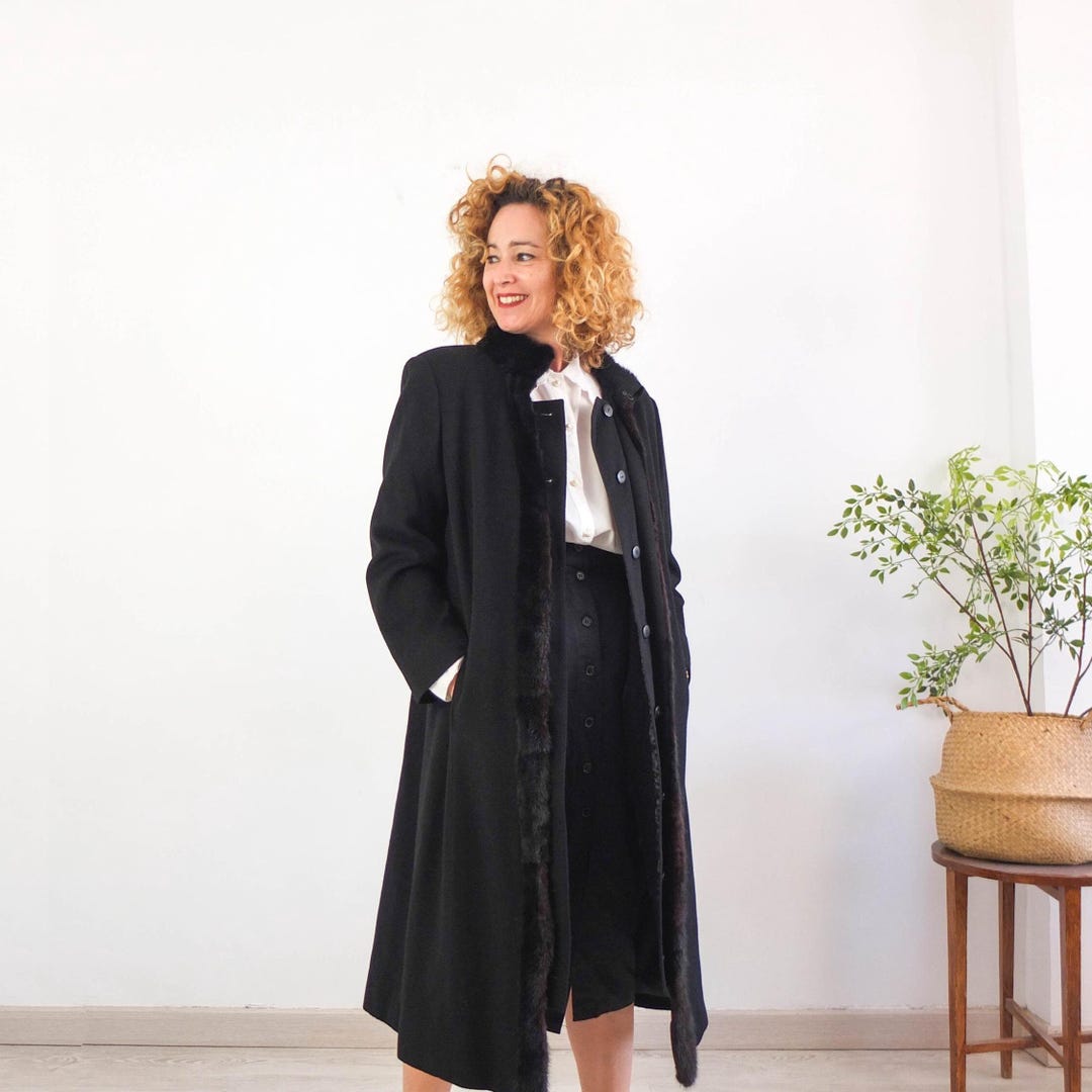 Vintage Black Wool Cashmere Coat, Vintage Black Fur Collar Coat