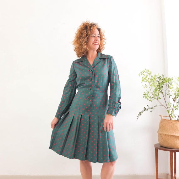 green polka dot dress long sleeve Vintage 70s Pleated Dress, 70s 80s Secretary Dress, Midi Shirtdress, 70s Button up Shirtwaist Day Dress, Large bachsuite