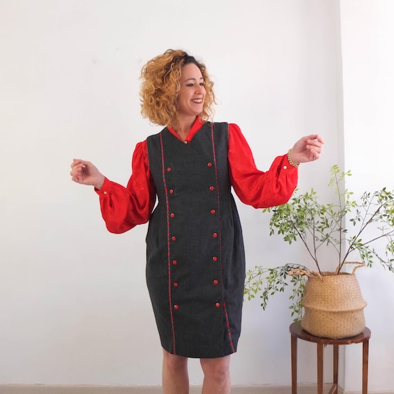 navy blue dress for baby girl Vintage 90s Wool Pinafore Dress, Vintage Double Breasted Jumper Dress, 1990s Black Wool Dress Plaid Tartan Trim, Retro Winter Pencil Dress L