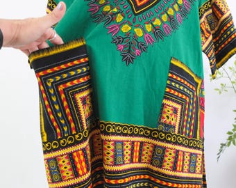 Vintage Colorful African Tunic Top, 80s 90s Dashiki Tunic Shirt