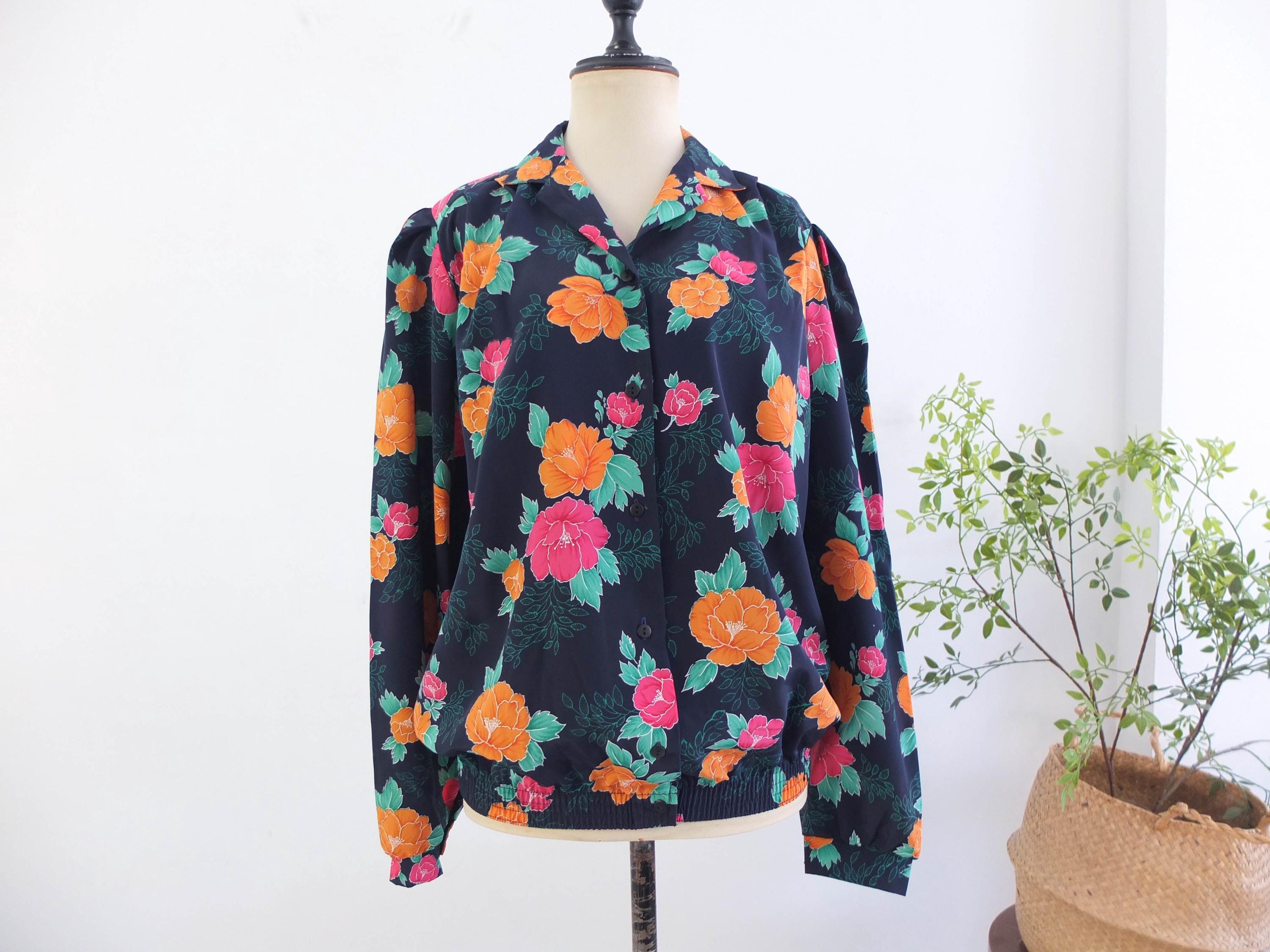 ヴィンテージ80年代の鮮やかな花柄ボタンブラウス、サイズL XL 
