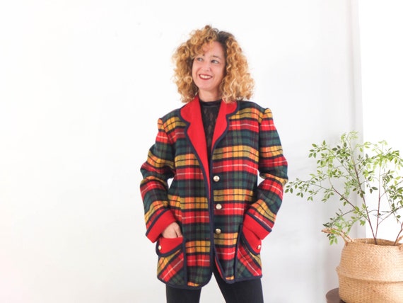 Vintage Plaid Wool Short Coat, 80s Tartan Plaid Wool Jacket Coat
