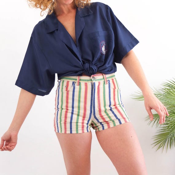 Vintage 80s Colorful Striped Denim Shorts, Size 28 W, 1980s Retro