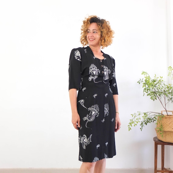Vintage 80s Black pencil dress plus size, 1980s midi sheath dress size XL, Black paisley print dress, 80s secretary plus size fitted dress Vintage 80s Black pencil dress plus size, 1980s midi sheath dress size XL, Black paisley print dress, 80s secretary plus size fitted dress