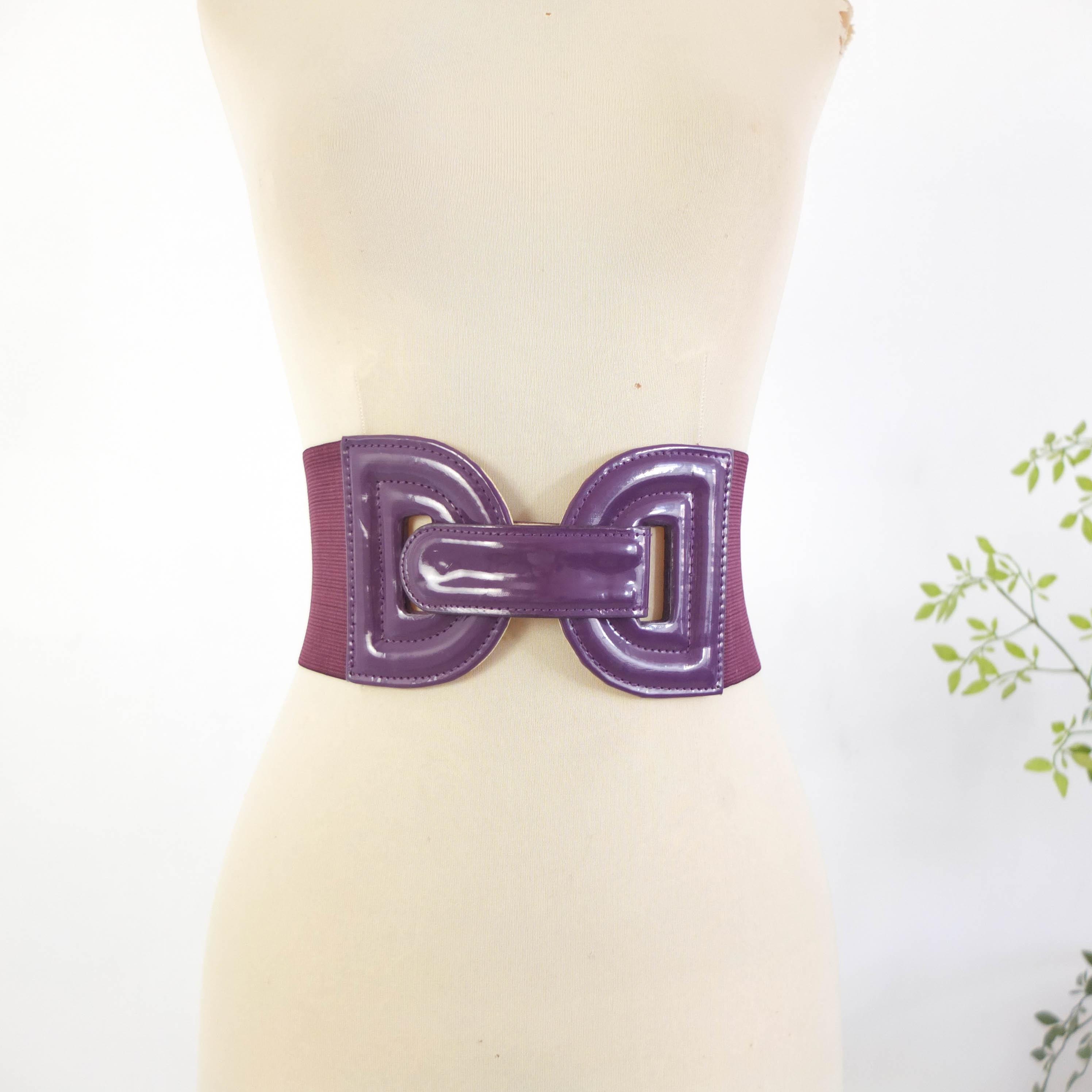 Vintage Western Belt Wide Purple Stretch Elastic Cinch Buckle Retro EUC Vintage Purple Stretch Elastic Wide Belt Abstract Hard  main image 3
