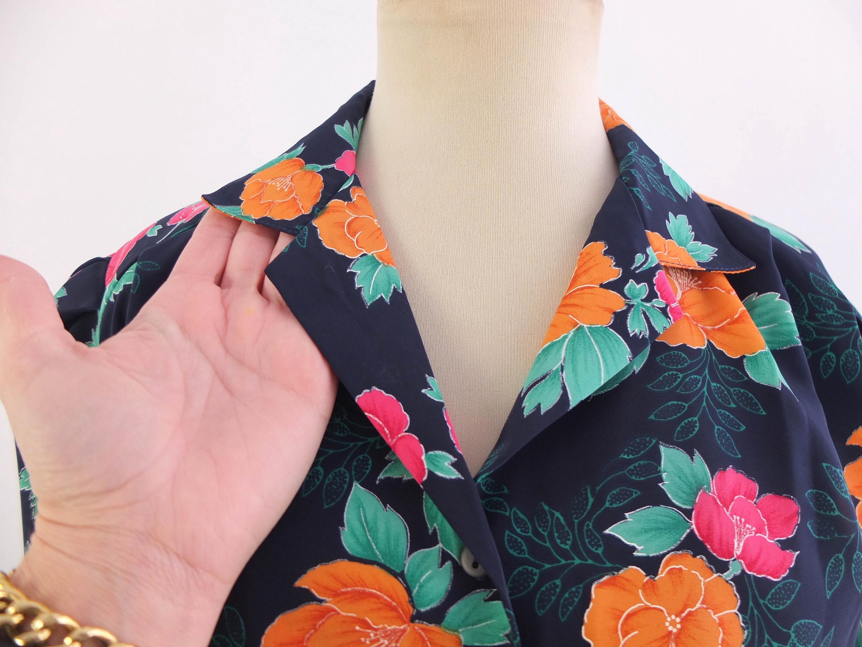 ヴィンテージ80年代の鮮やかな花柄ボタンブラウス、サイズL XL 