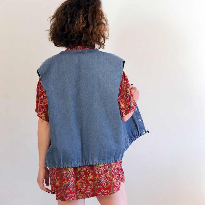 bohemian boho vest hippie festival denim vest 1970s with faux leather Vintage 70s denim vest size S M