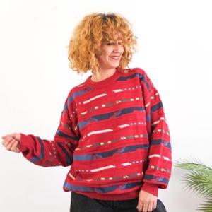 Vintage oversized cosby sweater, 90s retro cotton knit sweater women, Colorful stripes crew neck sweater, 90s Grunge sweater, Size M L
