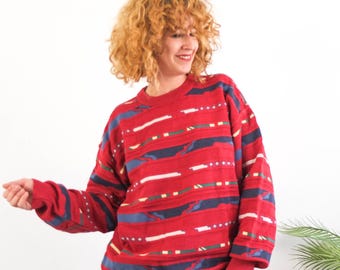 Vintage oversized cosby sweater, 90s retro cotton knit sweater women, Colorful stripes crew neck sweater, 90s Grunge sweater, Size M L