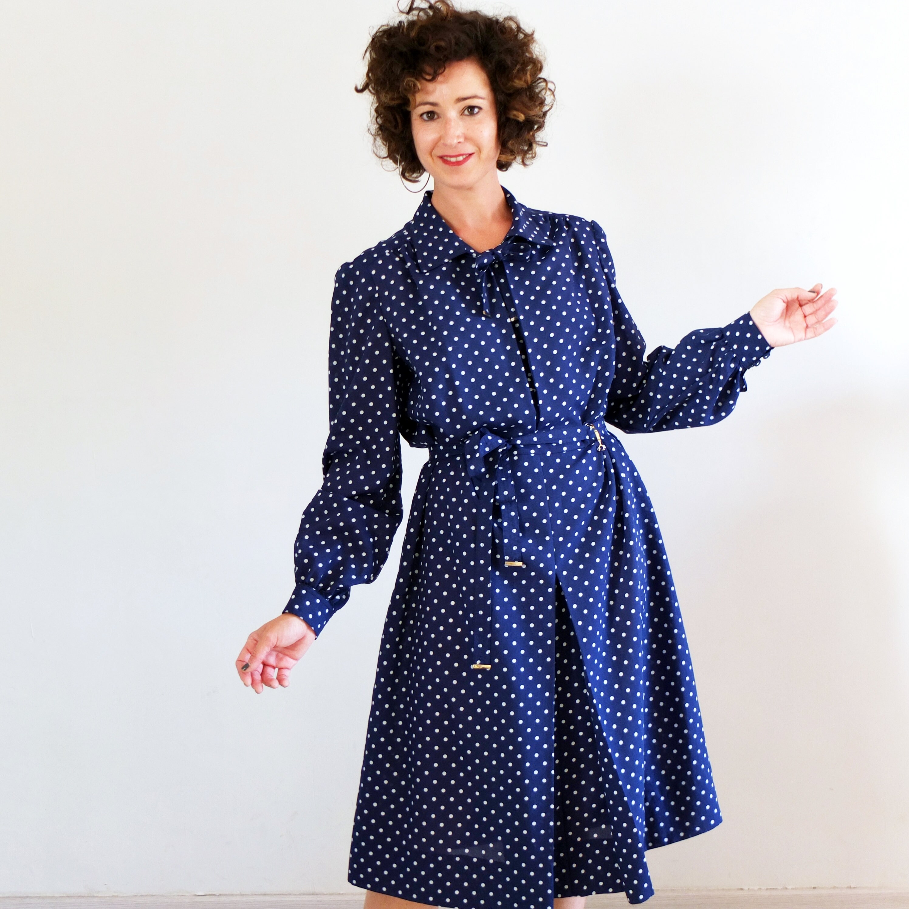 Polka Dot Dress 80s Pleated Midi Dress 