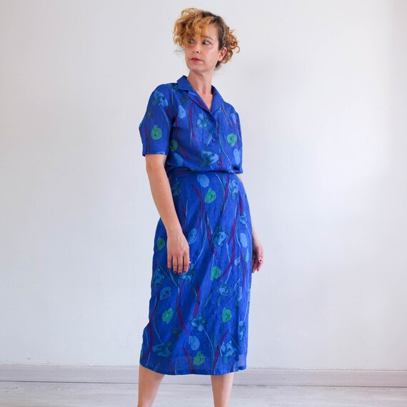 Vintage blue floral long skirt set, floral summer