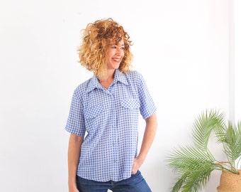 Vintage 90s Blue Gingham Blouse, 90s Checked Button up Shirt Women