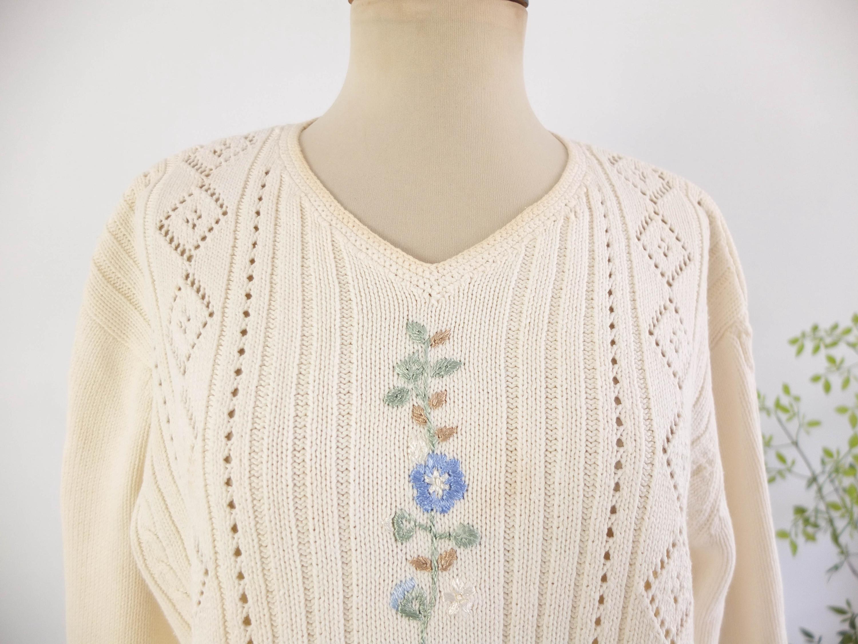 Vintage 90s White Embroidered Floral Sweater, Vintage White Cotton