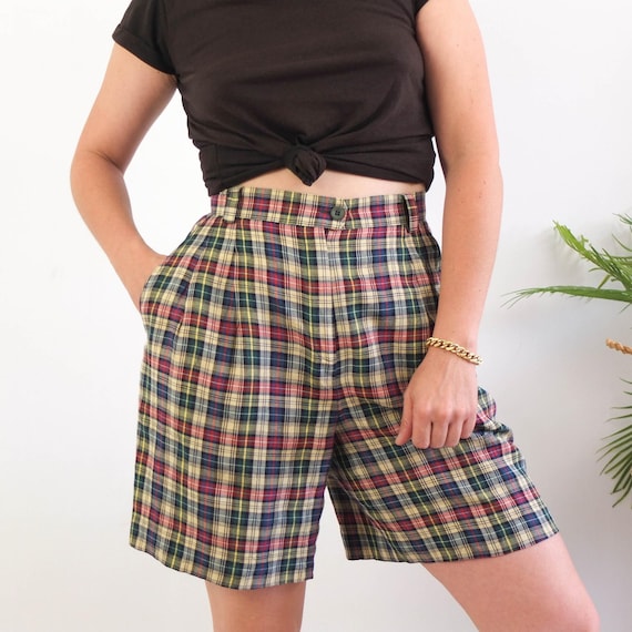 Vintage 90s High Waist Plaid Shorts, Vintage Wide Leg Pleated
