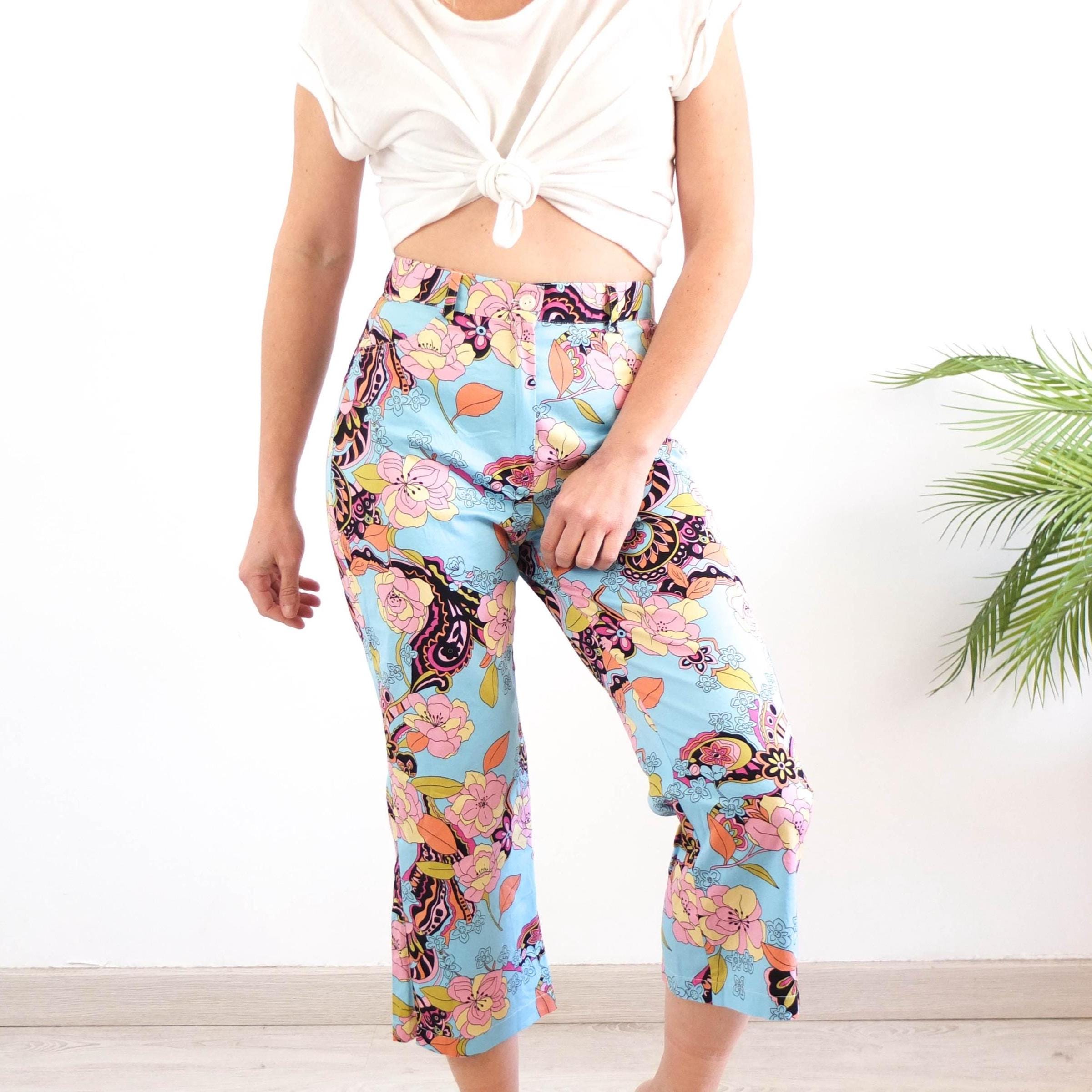 Vintage Y2K Blue Flower Print Capri Pants, 90s Floral Skinny