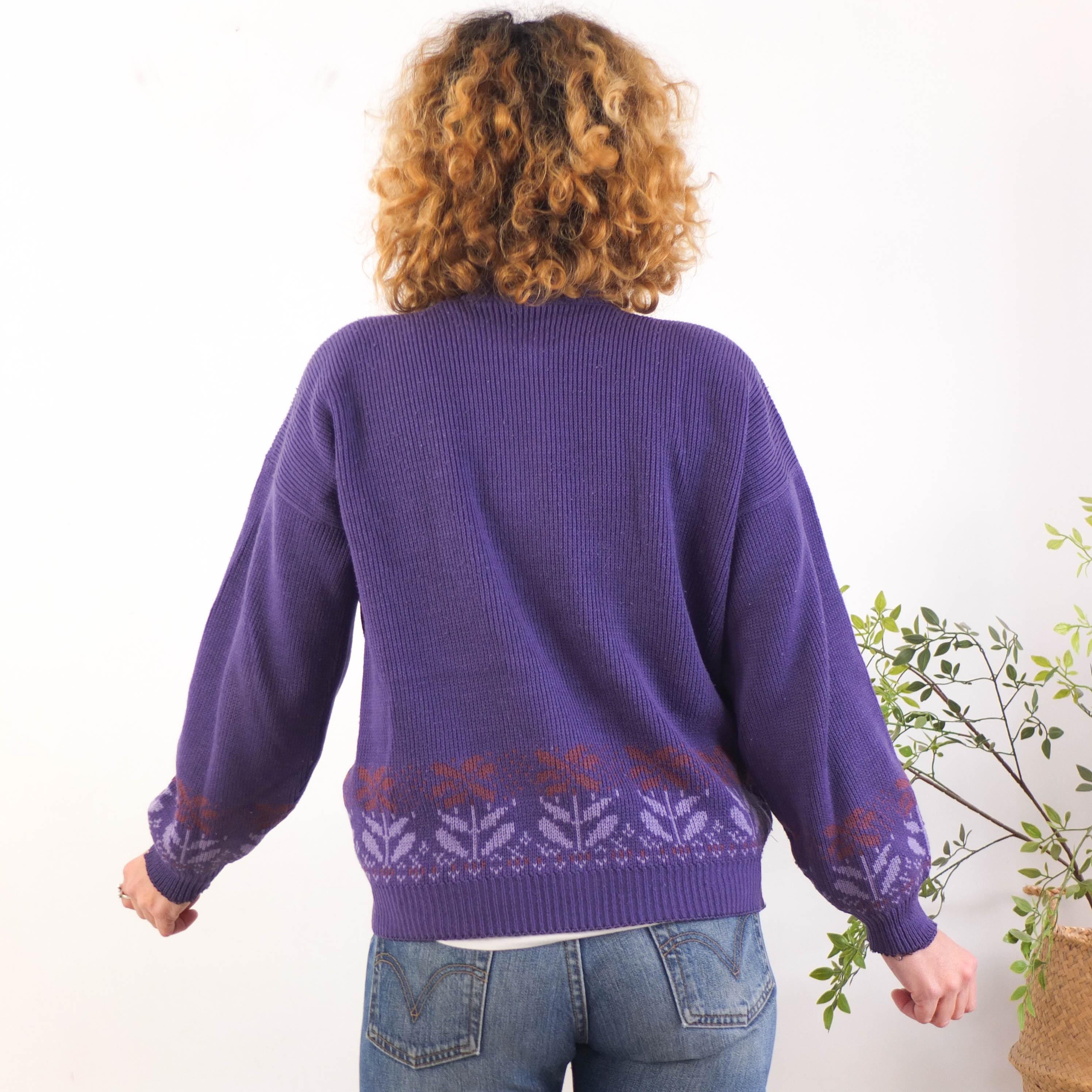 Vintage 80s Grunge Purple Oversized Cardigan Sweater, 1980s Retro