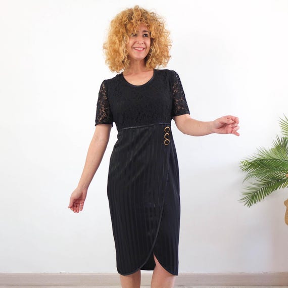 Vintage 80s Black pencil midi dress, 1980s party evening Black satin pencil dress, 80s pencil dress wrap skirt, Black lace bodice dress L