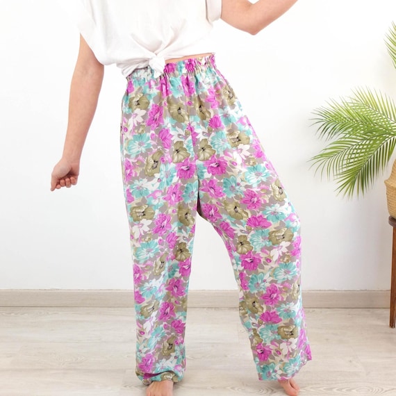 Vintage 90s Floral Wide Leg Pants, 1990s High Rise Retro Floral