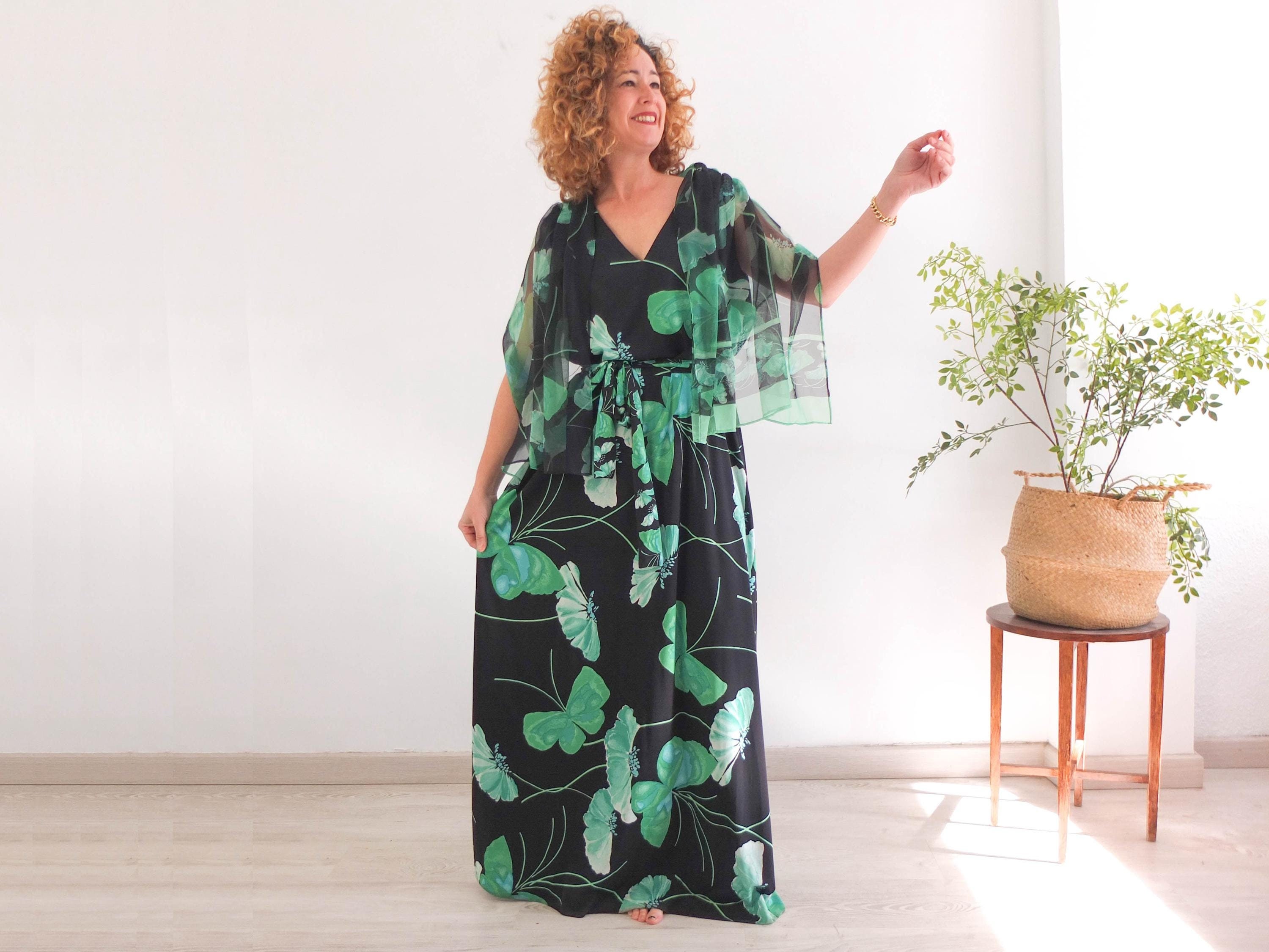 Vintage 70s Black Cape Dress, 70s Maxi Party Evening Dress, 1970s Green  Floral Maxi Dress, Vintage Black Prom Gown Women Plus Size XL - Etsy
