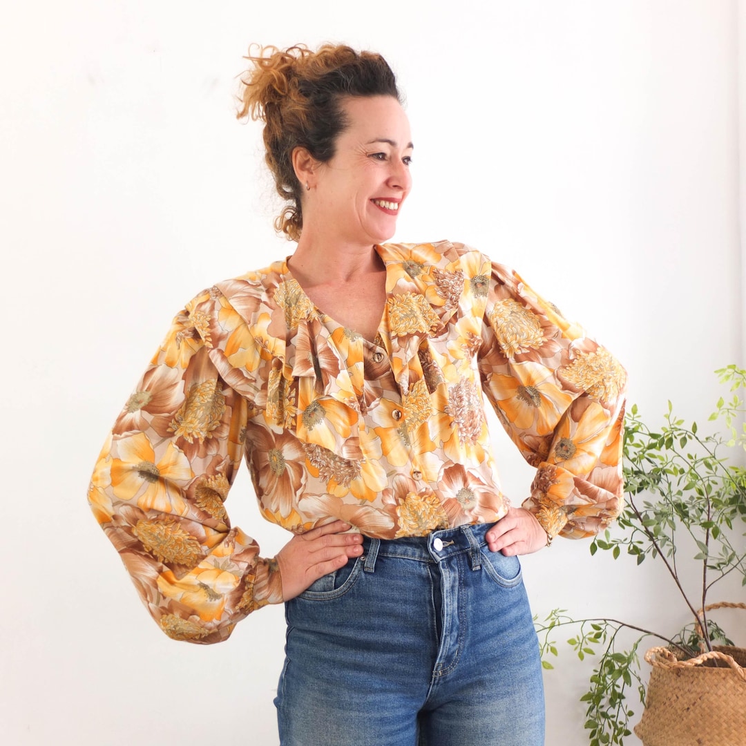 Vintage 80s Sailor Collar Blouse, Vintage Yellow Floral Blouse